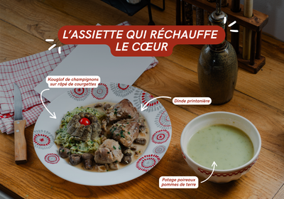 Plat mijoté chaud, avec un potage aux poireaux et pommes de terre