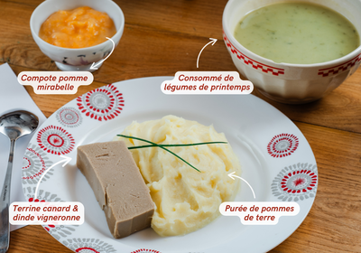 Entrée, plat et dessert d'un menu texture modifiée mouliné