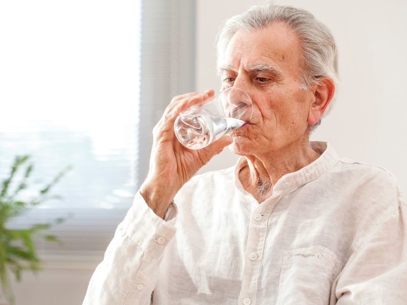 Un grand-père buvant un verre d'eau