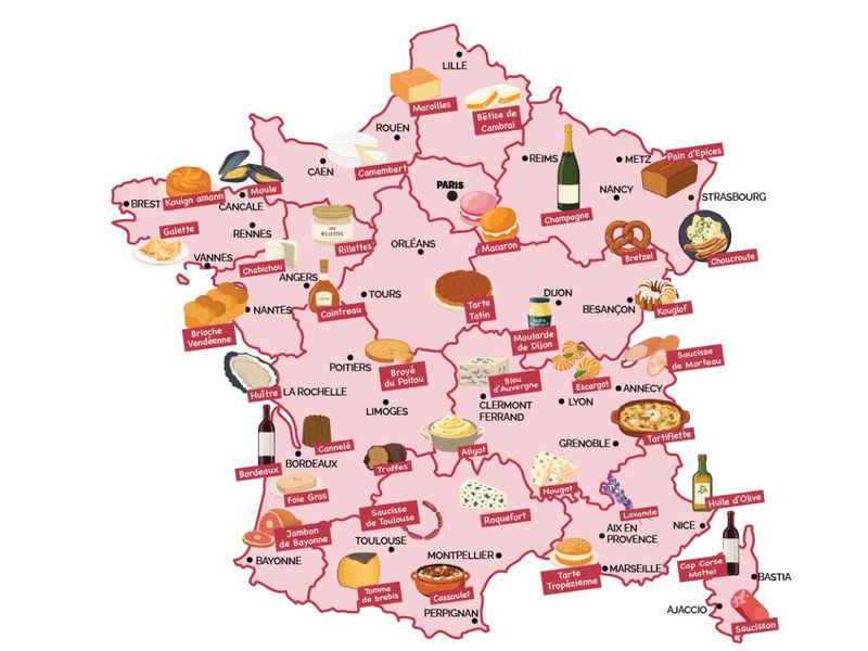 Carte de France avec toutes les spécialités locales de chaque région