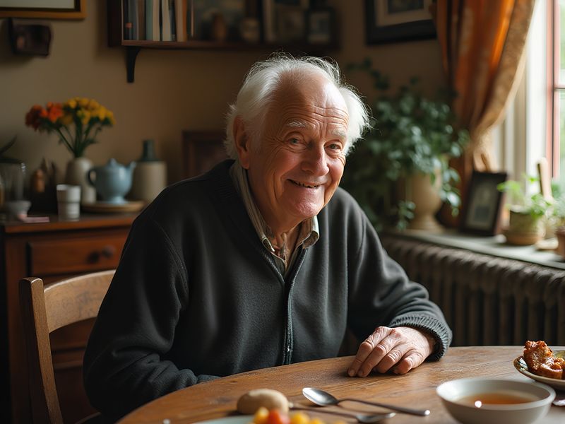 Un grand-père dans sa cuisine entrain de déguster son menu équilibré
