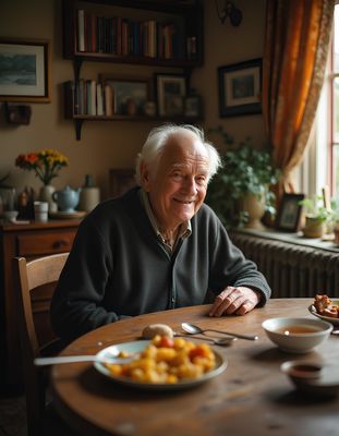 Un grand-père dans sa cuisine entrain de déguster son menu équilibré
