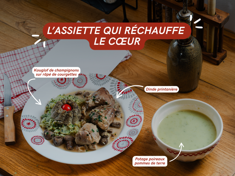 Plat mijoté chaud, avec un potage aux poireaux et pommes de terre