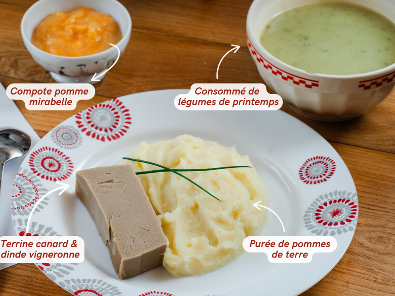Entrée, plat et dessert d'un menu texture modifiée mouliné